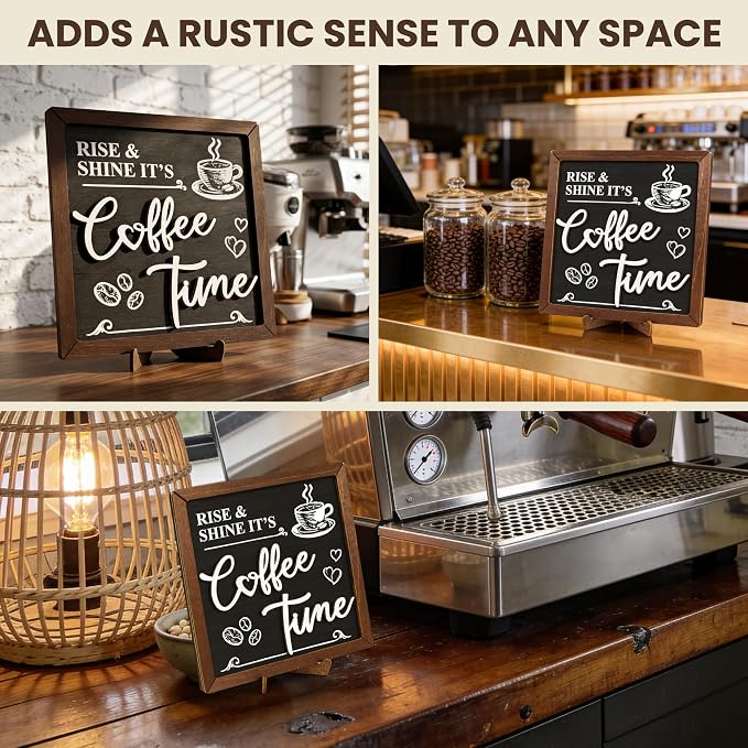 Vintage Coffee Sign for Coffee Station, 7.17 in Wood Cafe Decor | 1 wood sign 7.17 in square, coffee bar and kitchen tabletop decor, farmhouse cafe accent, gift