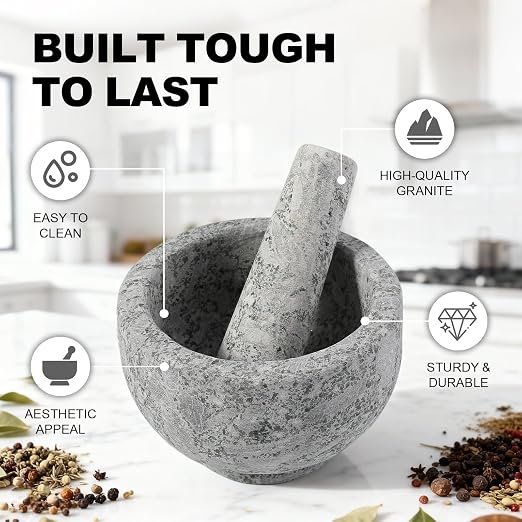 Natural Marble Mortar and Pestle Set, 5" Heavy Duty Granite Grinder for Kitchen, Guacamole, Salsa, Pill Crusher, Spice, Herb, Marble Bowl for Kitchen Counter, Granite Spice Grinder Bowl