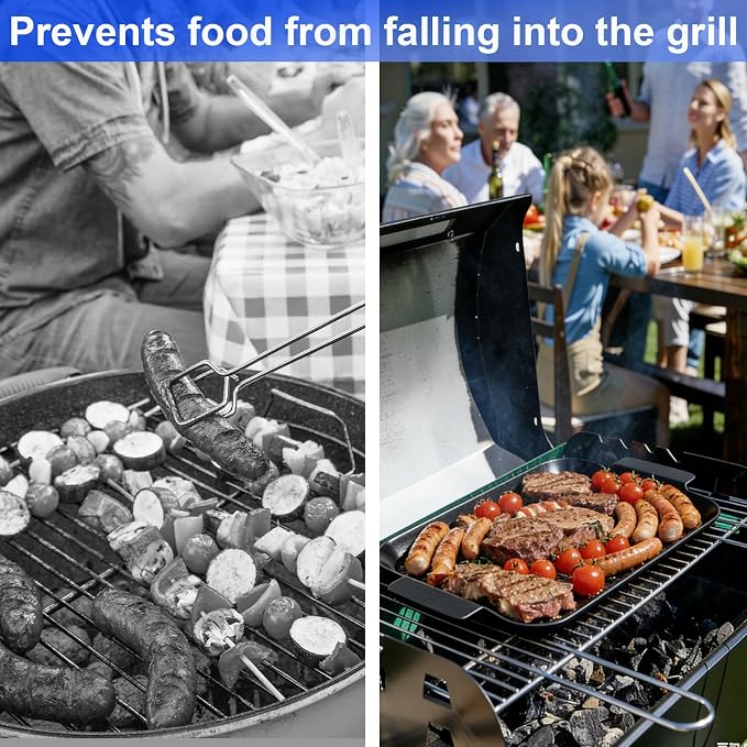 Grill Pan Set for Outdoor BBQ - 2PCS Non-Stick Enamel Grill Topper with Holes, Dishwasher Safe, Charcoal & Gas Grill Compatible (Large 14.4"x9.8" + Small 11"x7")