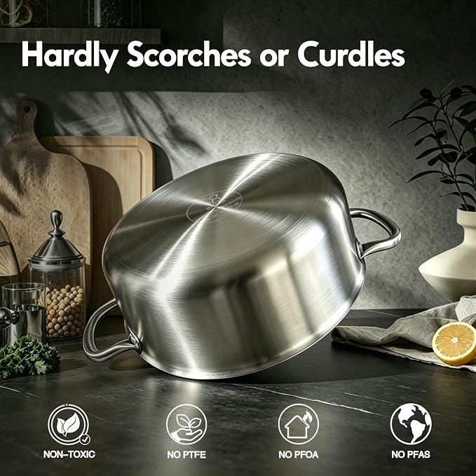BRASA, Stainless Steel Stock Pot with Grass Lid 6.3QT+5.9in trivet,Nonstick cooking pot,for Pasta,Soup,Spaghetti,Sturdy,Induction & All Cooktop Compatible,Dishwasher safe PFOSFree (6.3QT+5.9in trivet)