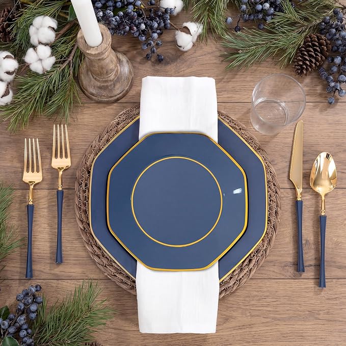 KIRE 140Pcs Blue Plastic Plates with Gold Rim - Navy Blue Plates for Party | Include 40pcs Blue and Gold Plates, Gold Plastic Silverware with Blue Handle&Clear Cups&Hand Napkin for Wedding