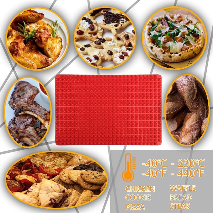 Silicone Baking Mat Pyramid Sheets Cooking Pan 16"x11" 2 Pack-Red | Best Healthy Fat Reducing Nonstick Cooking Mat for Baking Mat with Grid for Oven Grilling BBQ, Baking and Roasting