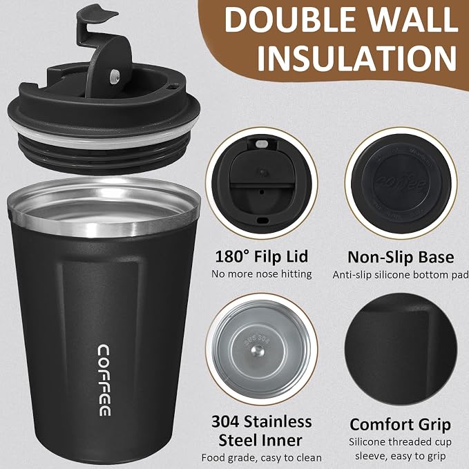 4 Pack Travel Coffee Mug 12oz Insulated Coffee Cup with Lid, Reusable Thermal Coffee Cup Stainless Steel Coffee Tumbler to Keep Hot & Cold Drinks for Car, Daily, Travel and Gifts, Black