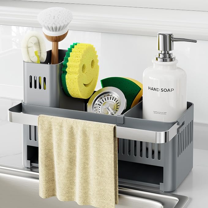 Nieifi Sponge Holder, Grey Rustproof ABS Sink Caddy with Towel Rack | Smiley Sponge and Brush Holders with Drainage to Keep Items Dry. 10"L x 4.5"D. Kitchen Counter Organizer & Essential Storage.