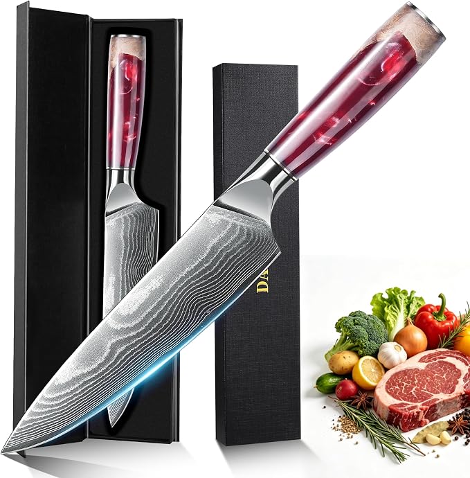 Damascus High Carbon Chefs Knife Ergonomic Handle(8In,Red Resin) | Japanese 67 Layers High Carbon Steel, Professional High-Class Ultra Sharp Cooking Knives Family & Restaurant, Gift Box
