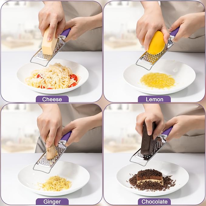 Professional Cheese Graters for Kitchen Stainless Steel Handheld, Metal Lemon Zester Grater With Handle For Cheese, Chocolate, Spices, Kitchen Gadgets And Tools, Soft Grip Handle, Purple