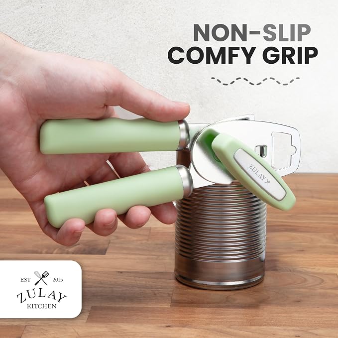 Zulay Kitchen Heavy Duty Stainless Steel Can Opener Manual with Bottle Opener - Rust Proof Manual Can Opener With Turn Knob & Comfy Soft Grip Handles - Pistachio