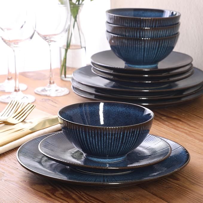 Gibson Elite Midnight Lune Plates and Bowls Sets, 12-Piece Stoneware Dinnerware Sets, Reactive Glaze Dish Set - Blue