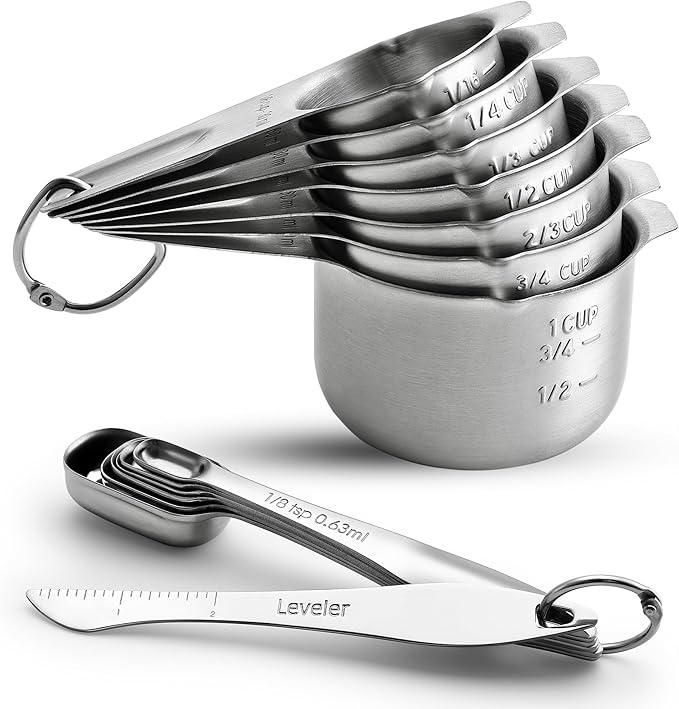 Spring Chef Stainless Steel Measuring Cups and Spoons Set of 14 w/Leveler | Nesting Metal Measuring Cups for Kitchen & Rectangular Teaspoon & Tablespoon Measuring Spoons for Dry and Liquid Ingredients