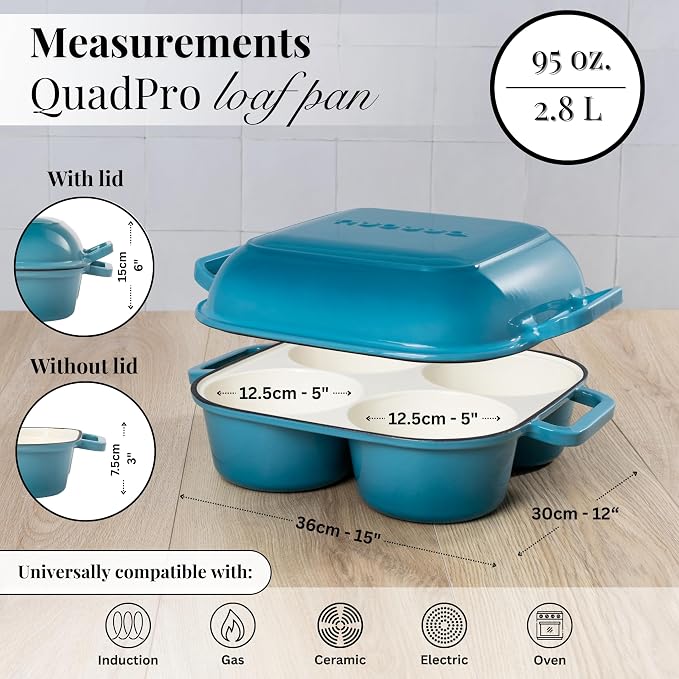 QuadPro Enamelled Cast Iron Bread Loaf Pot – Dutch Oven for Sourdough Bread Baking – 500°F Oven Safe Non Stick Bread Pot – 4 Round Loaf Spaces (4.90-inch Diameter), Light Blue – by Nuovva