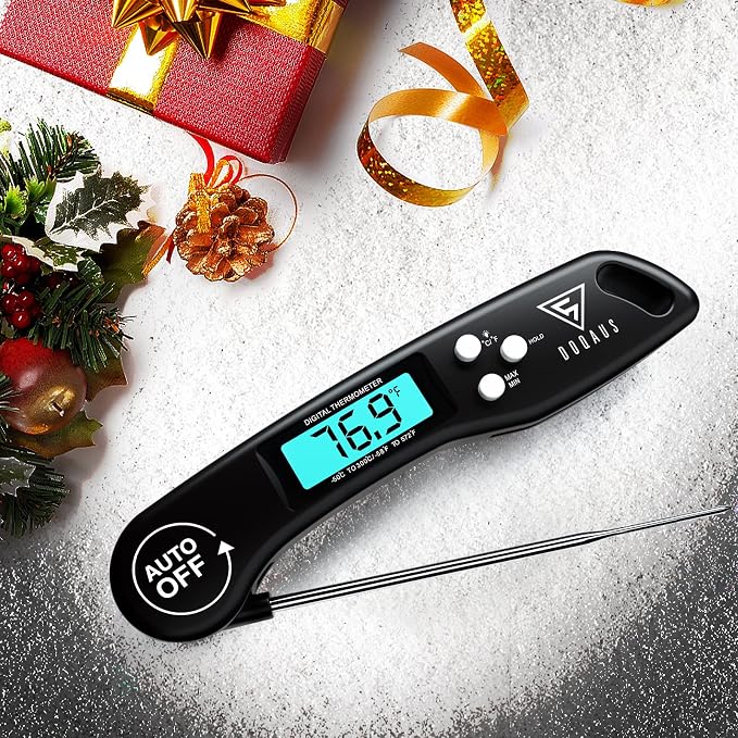 DOQAUS Digital Meat Thermometer, Instant Read Food Thermometer for Cooking | Backlit & Auto-Rotating Display, 4.6” Probe Perfect for Grilling, Baking, and BBQ Gift for Dad Men - Black