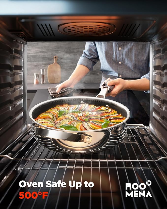 Roomena Frying Pans Nonstick with Lid, Hybrid Ceramic Nonstick Tri-Ply Saute Pan with Lid, PFAS/PFOA/PTFE Free, Metal Utensil Safe, Dishwasher & Oven Safe, Induction Compatible