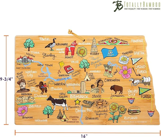 Totally Bamboo North Dakota State Shaped Cutting Board, Art by Fish Kiss | State charcuterie board with colorful hand-drawn map artwork. Smooth reverse side for food prep. Hang tie for wall display.