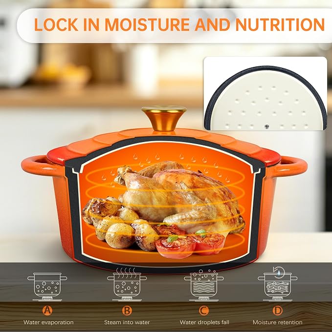 5 QT Enameled Cast Iron Dutch Oven Pot with Lid & Gold Powder | Dutch Oven for Sourdough Bread Baking, Braising, Stews, Roasting, Oven Safe up to 500° F, Orange Kitchen Cookware with Handls
