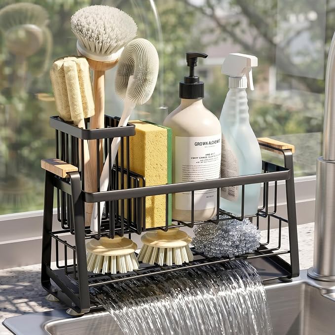 Housolution 2-Tier Sponge Holder for Kitchen Sink Caddy with Brush Holder | Auto-Draining, Suction Cups, Wooden Handle , Kitchen Sink Countertop Organization Storage, Dish Soap Holder, Rustproof, Black