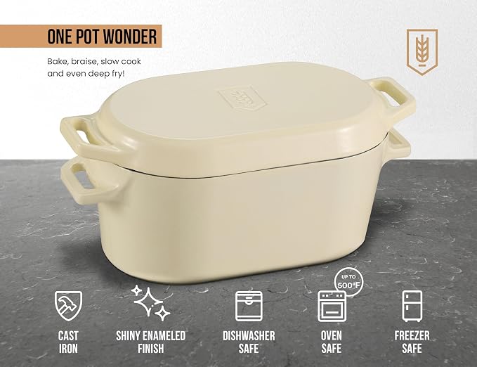 KooK Dutch Oven, For Sourdough Baking, Dual Handles, Enameled Cast Iron, includes Silicone Mat and Sourdough Guide, Dishwasher Safe, Oven safe 500F, 5 Qt, (Ivory)