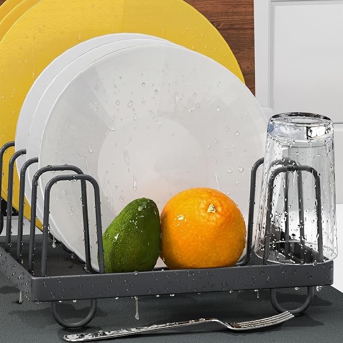 Small Stainless Steel Dish Drying Rack & Dish Mat Set, Gray | Rust-proof stainless steel dish rack with quick-drying, easy-to-clean mat. Fits kitchen counter, apartment or RV.