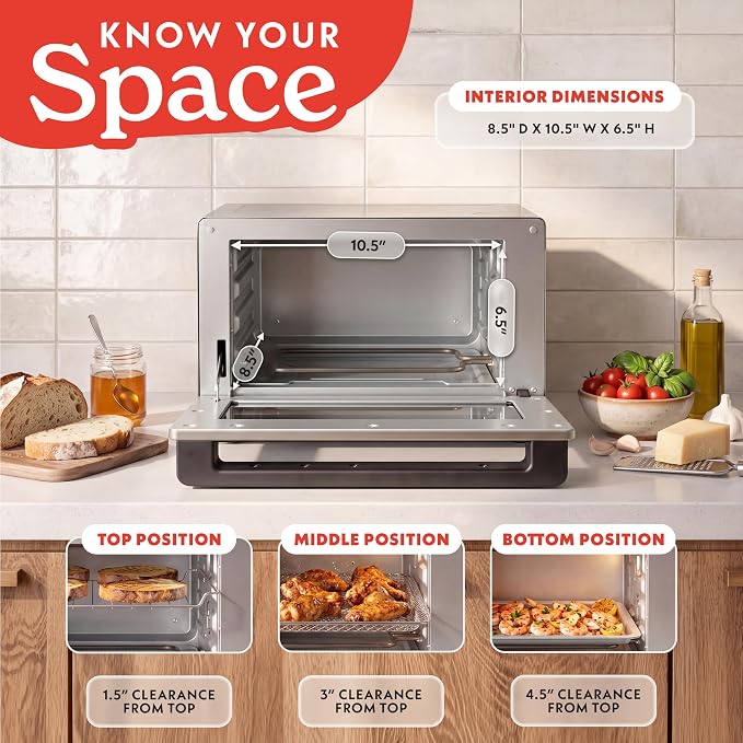 Gourmia Toaster Oven Air Fryer - 4 Slice Capacity, Single Door, Digital Display, Air Fry, Toast & Dehydrate, Convection Cooking, Fits 8” Pizza, 3 Rack Positions, Dishwasher-Safe Trays, Stainless Steel