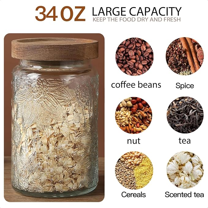 Vintage Glass Jar with Lid Airtight Candy Coffee Canister Food Storage Set | 34oz Decorative Container Set with Silicone-Sealed Bamboo Lid, Thick Glass BPA-Free, for Kitchen Stores Sugar Flour-2 Pack