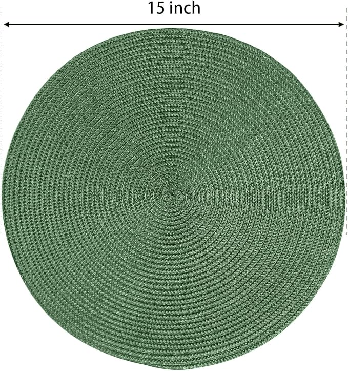 FunWheat Round Braided Placemats Set of 8 Place Mats for Dining Table Woven Washable Non-Slip Table Mats 15 Inch(Green,8pcs)