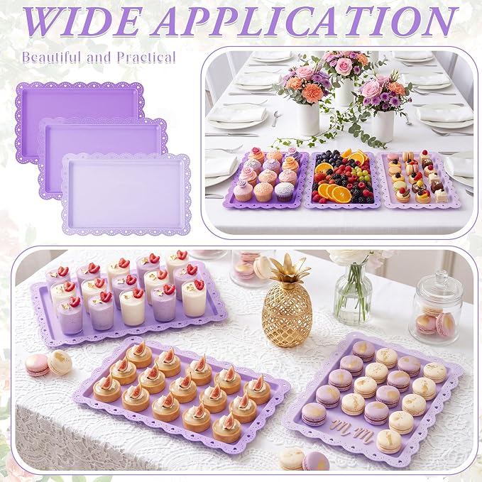6 Pcs Purple Serving Trays Plastic Platters Dessert Cupcake Holder Party Supplies 14.4 x 9.3 Inches Rectangular Cookie Snack Display Tray for Wedding Restaurant