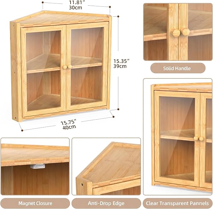 Corner Bread Box for Kitchen Countertop, Double Layer Bamboo Bread Bin with Clear Windows and Double Doors, Wooden Bread Storage Container for Bread, Snacks, Natural