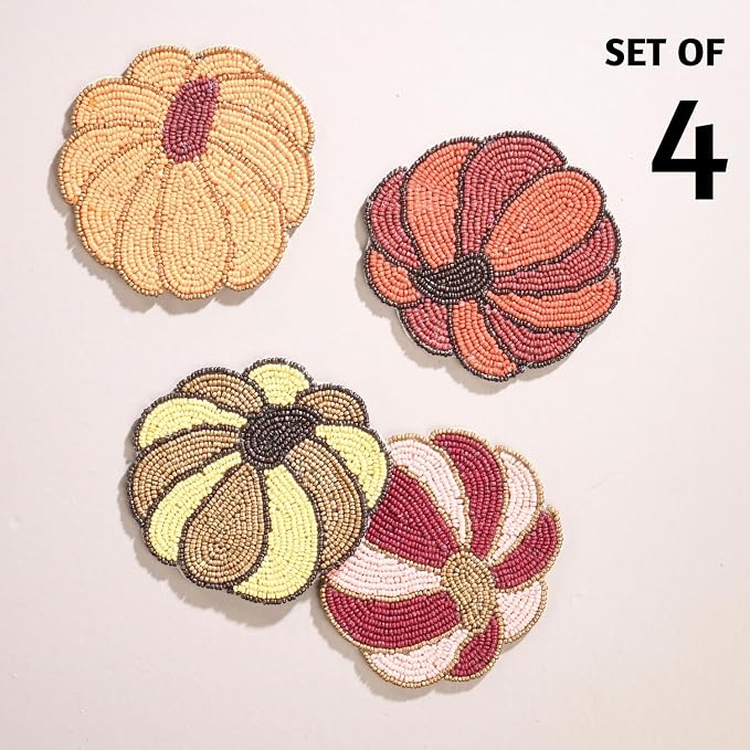 Folkulture Cute Fall Coasters Set of 4 for Drink, Non Slip,Easy to Clean | Boho, Coaster for Farmhouse, Coffee Table, Beaded Coasters for Fall Decorations, Outdoor Pumpkin Decor, Modern Home Decor