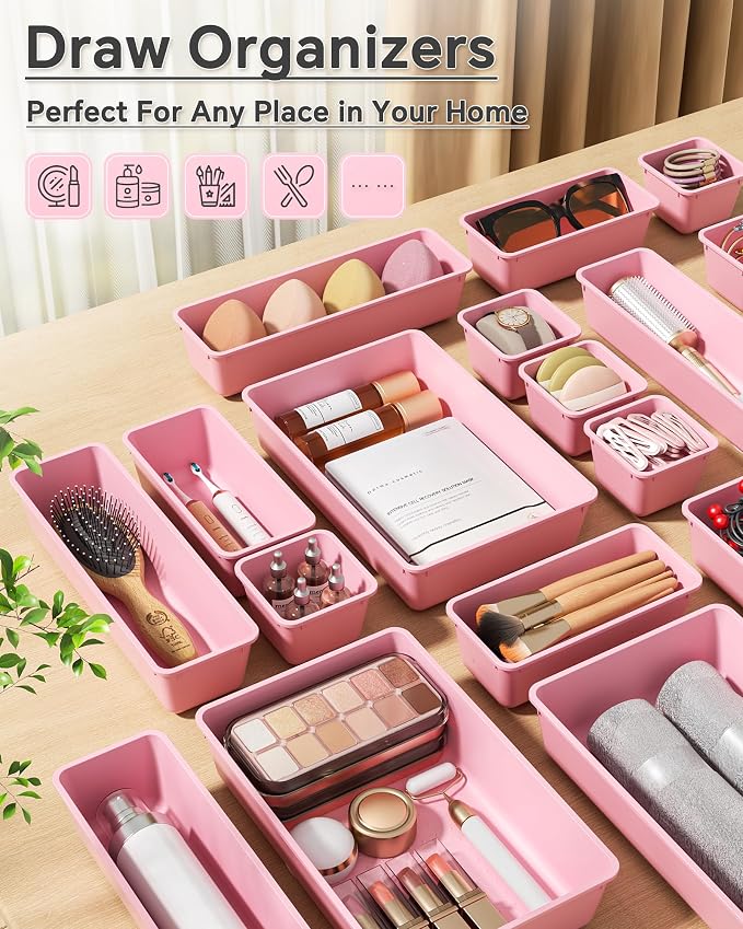 KEMETHY 25 PCS Plastic Drawer Organizers Set, 4 Sizes Vanity Organizer | Makeup and Desk Drawer Organizer Trays, Organization and Storage for Makeup, Bathroom, Kitchen Utensils and Office (Pink)