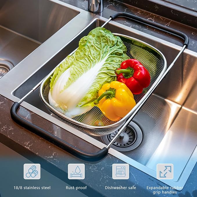 GREATLINK Over Sink Expandable Colander - Fine Mesh Strainer Basket with Extendable Handles for Kitchen, 6QT Vegetable Fruit Pasta Strainer for Washing Rice, Kitchen Colander