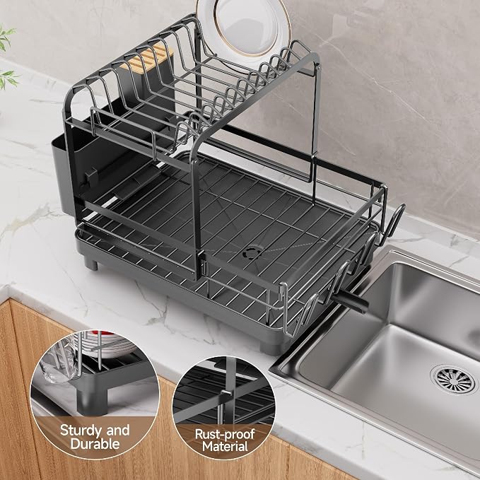 Runnatal 2-Tier Dish Drying Rack, Large Dish Drainers for Kitchen Counter | Anti-Rust Dish Rack with Drainboard, Utensil Holder, Extra Cup Holder, Black