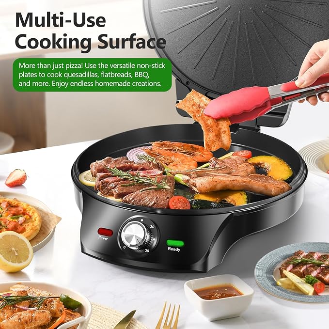 KEINVE 1500W Electric Griddle, 2-in-1 Indoor Griddle and Pizza Maker with 30-Min Timer and Auto Shut-Off, 12" 180° Open for BBQ, Steak, Burgers, Salmon, Veggies, and More