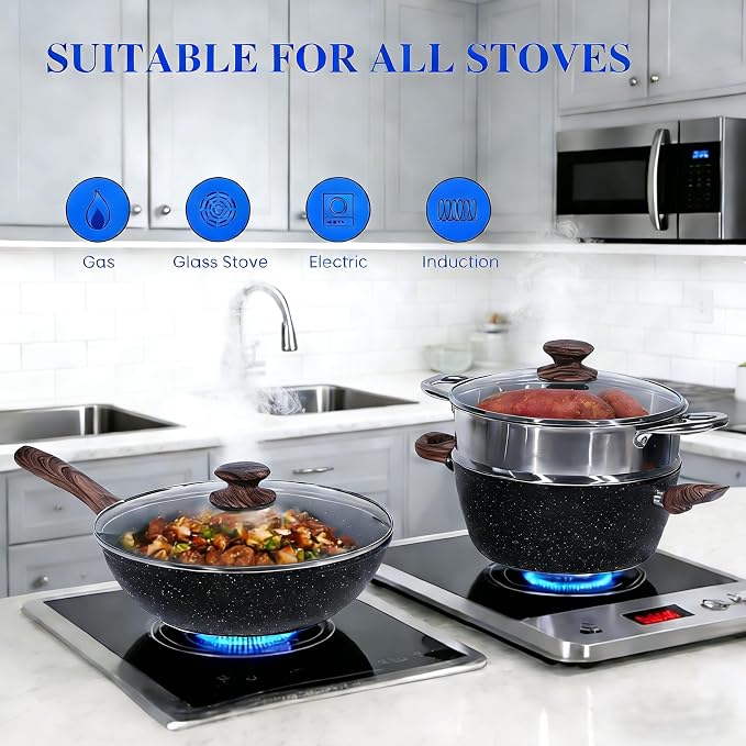 Simple Deluxe 17Pcs Ceramic Cookware Set, Nonstick & Non-Toxic Healthy Pots and Pans, Heat-Resistant Handles, Induction Cookware Sets with Frying Pans, Black