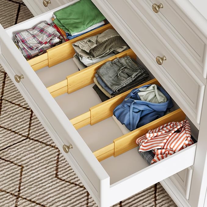 BAMEOS Bamboo Expandable Drawer Dividers – Fits 16.65"–22" Drawers, 4" Extra Deep Walls, Set of 4 | Maximum-Height Spring-Loaded Organizer for Deep Kitchen, Bathroom & Dresser Drawers