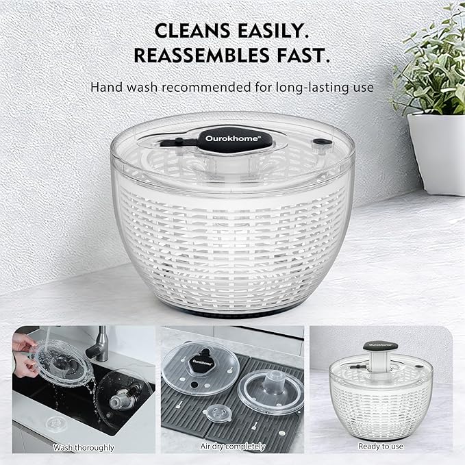 Ourokhome 6.3 QT Salad Spinner with Fully Removable Lid, Large Lettuce Dryer with One-Hand Press Pump, Instant Stop Brake Button and Retractable Handle, Vegetable Washer & Spinner for Greens and Herbs