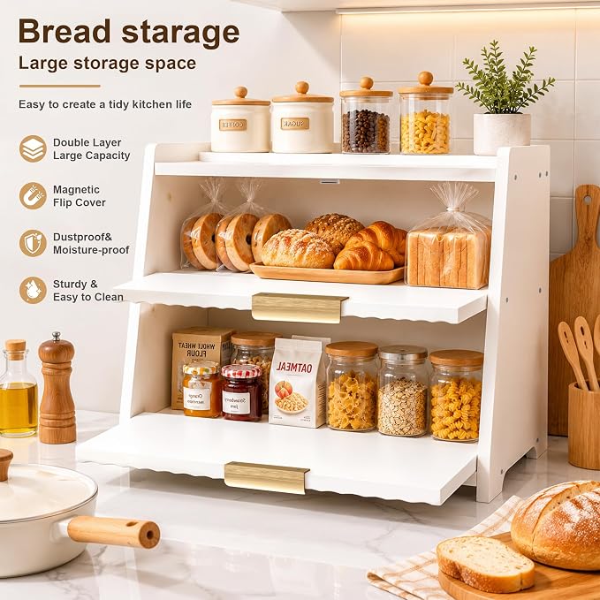 Large Bread Box, White, Double Layer Wooden | Top Shelf, Countertop Organizer Cabinet, For Bread & Coffee Station, Kitchen Essentials Storage