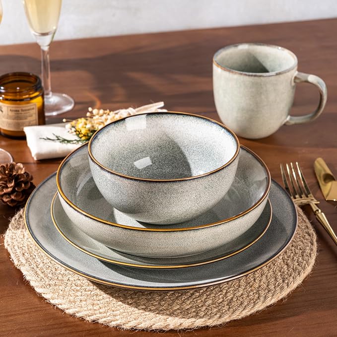 GBHOME Dinnerware Sets for 4, 12 Pieces Ceramic Plates and Bowls Set | Scratch Resistant Stoneware Dishes Set, Dishwasher & Microwave Safe, Reactive Glaze-Green Wheat