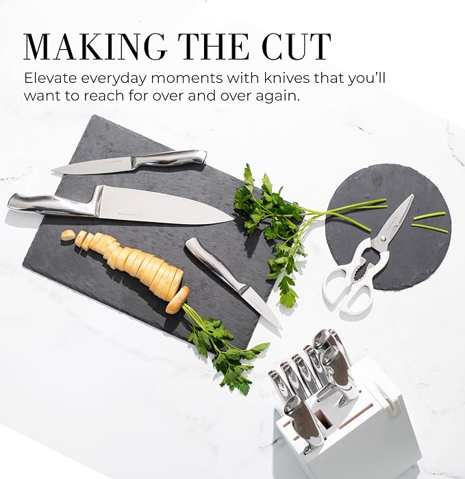 Styled Settings Stainless Steel Knife Set with Built In Sharpener, 14-Piece | Ultra Sharp, High Carbon Stainless Steel Kitchen Knife Set Includes White Knife Block with Sharpener Built In
