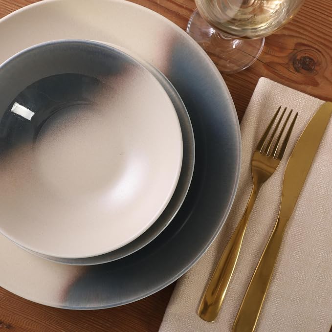 Gibson Elite Crescenton Plates and Bowls Sets, 12-Piece Blue Stoneware Dinnerware Sets, Round Reactive Glaze Dish Set