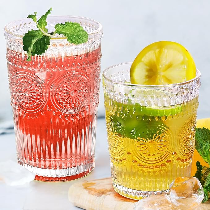 Loivttvv 12pcs Vintage Drinking Glasses Set, 12 oz Highball Glasses & 9 oz Embossed Ribbed Glassware Cups for Cocktail, Water, Juice, Coffee, Whiskey (Clear)