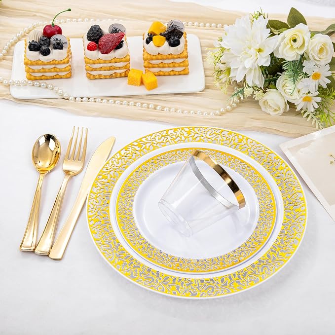WELLIFE 210Pcs Gold Plastic Dinnerware - Disposable Silverware and Cups, Include:30 Dinner Plates, 30 Dessert Plates, 30 Paper Napkins, 30 Cups, 30 Gold Plastic Cutlery Set for Party and Wedding