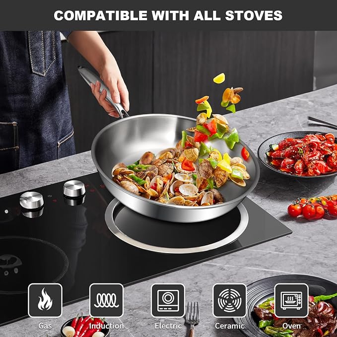 EWFEN Tri-Ply Stainless Steel Frying Pans Set, 8”/10”/12” Cooking pans, PFOA&PTFE Free Skillet, Induction Cooking Pan, Dishwasher and Oven Safe, Fast & Even Heat, Heavy Duty and Detachable Handle
