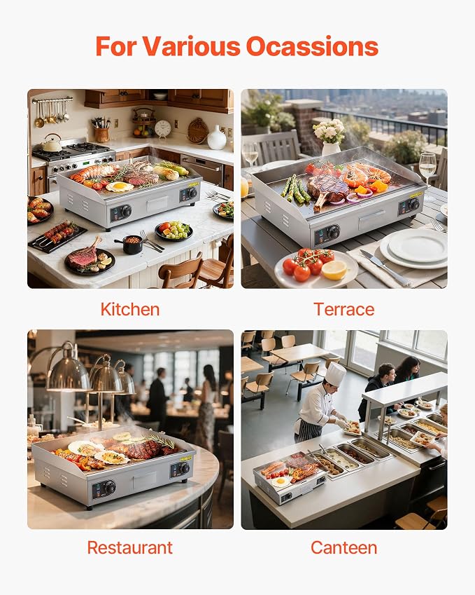 VEVOR Upgraded Commercial Electric Griddle, 2800W Stainless Steel Countertop Flat Top Grill, 26'' Griddle Grill with 2 Shovels and 2 Brushes, 122℉-572 ℉ Adjustable Temp, for Home Restaurant(No Plug)