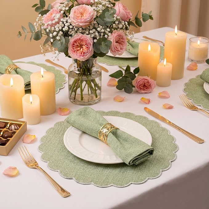 Set of 12 Sage Green Cotton Placemats 15" Round Scalloped White | Double Layered Cotton Fabric, Washable Embroidery, White Edge Edge, Rustic Table Mats for Wedding Dining Table Decor