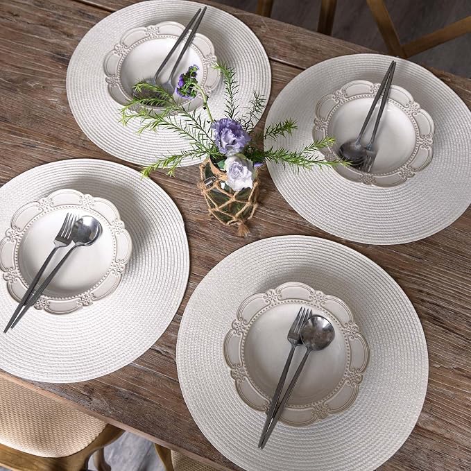 FunWheat Round Braided Placemats Set of 4 Table Mats for Dining Tables Woven Washable Non-Slip Place mats 15inch (White, 4pcs)