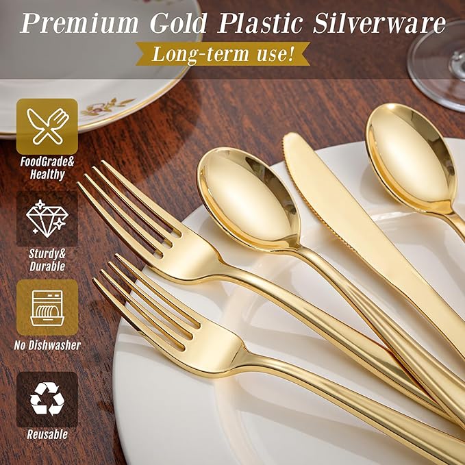 180 Count Gold Plastic Silverware Set - Heavy Duty Disposable Cutlery (60 Forks, 60 Knives, 60 Spoons) - BPA-Free Gold Flatware for Wedding, Party, Baby Shower, Thanksgiving