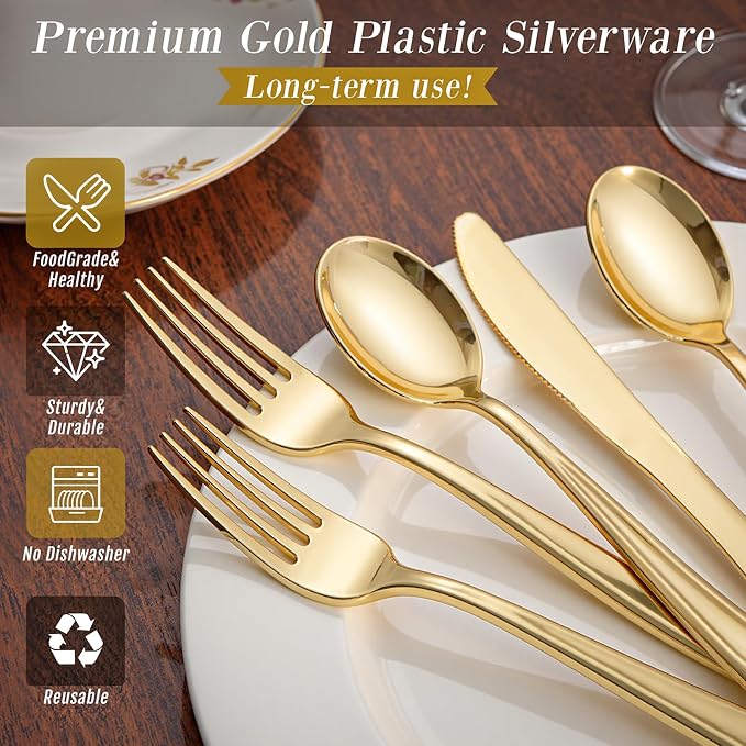 WDF300 Pieces Gold Plastic Silverware - Heavy Duty Disposable Cutlery Set Plastic Gold Silverware Set Includes 100 Forks, 100 Spoons, 100 Knives for Party/Baby Shower/Wedding/Birthday