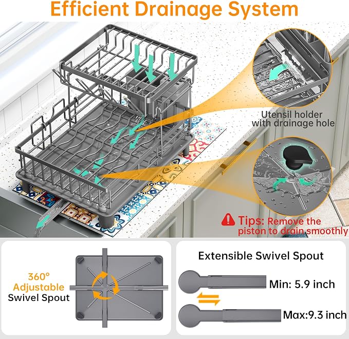 2 Tier Large Detachable Dish Drying Rack for Kitchen Counter, Gray | Compact Dish Drainer Organizer, Rust-Resistant, Space-Saving Dish Rack with Drainboard, Utensil Holder, Kitchen Organizer