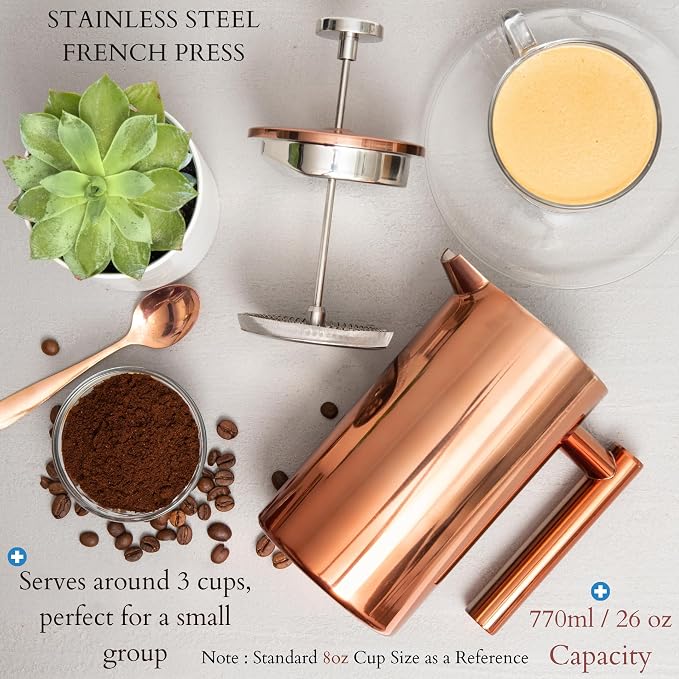 Mixpresso French Press Coffee Maker, 26 Oz Stainless Steel Coffee Press | Double wall insulated stainless steel French Press with durable filter for coffee or loose leaf tea, easy to press and clean