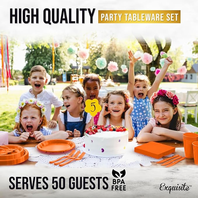 Party Solids 350 Pieces Orange Plastic Plates For Party, Orange Disposable Plates Set, 50 Of Each 9" Dinner Plate Set, 7" Dessert Plate, Cups, Napkins & Cutlery Plastic Dinnerware Set