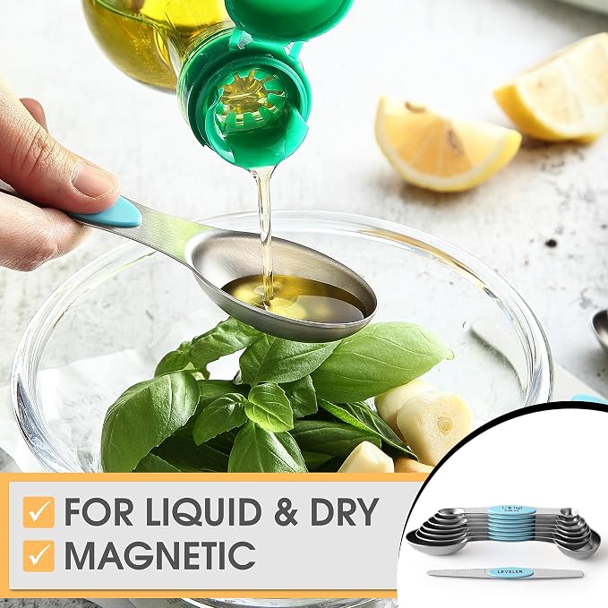 Spring Chef Stainless Steel 8 Magnetic Measuring Spoons, 2 Pack, Aqua Sky | Nesting Metal Teaspoon & Tablespoon Measuring Spoons with Leveler for Dry & Liquid Ingredients, Dual Sided, Dishwasher Safe
